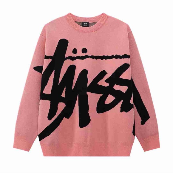 Stussy Men's Crewneck Sweater in Pink with Black Graphic - Picture 1 of 7